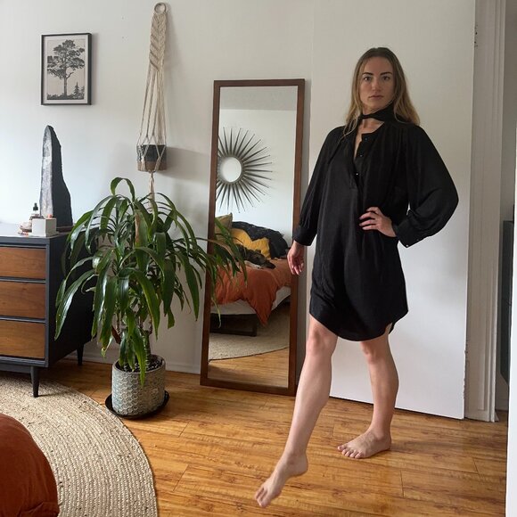 Black V Neck Long Sleeve Button And Tie Shirt Dress - Picture 1 of 3